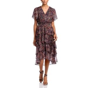 Koko & Mason Brown Floral Tiered Midi Dress Flutter Sleeve Smocked Waist Small